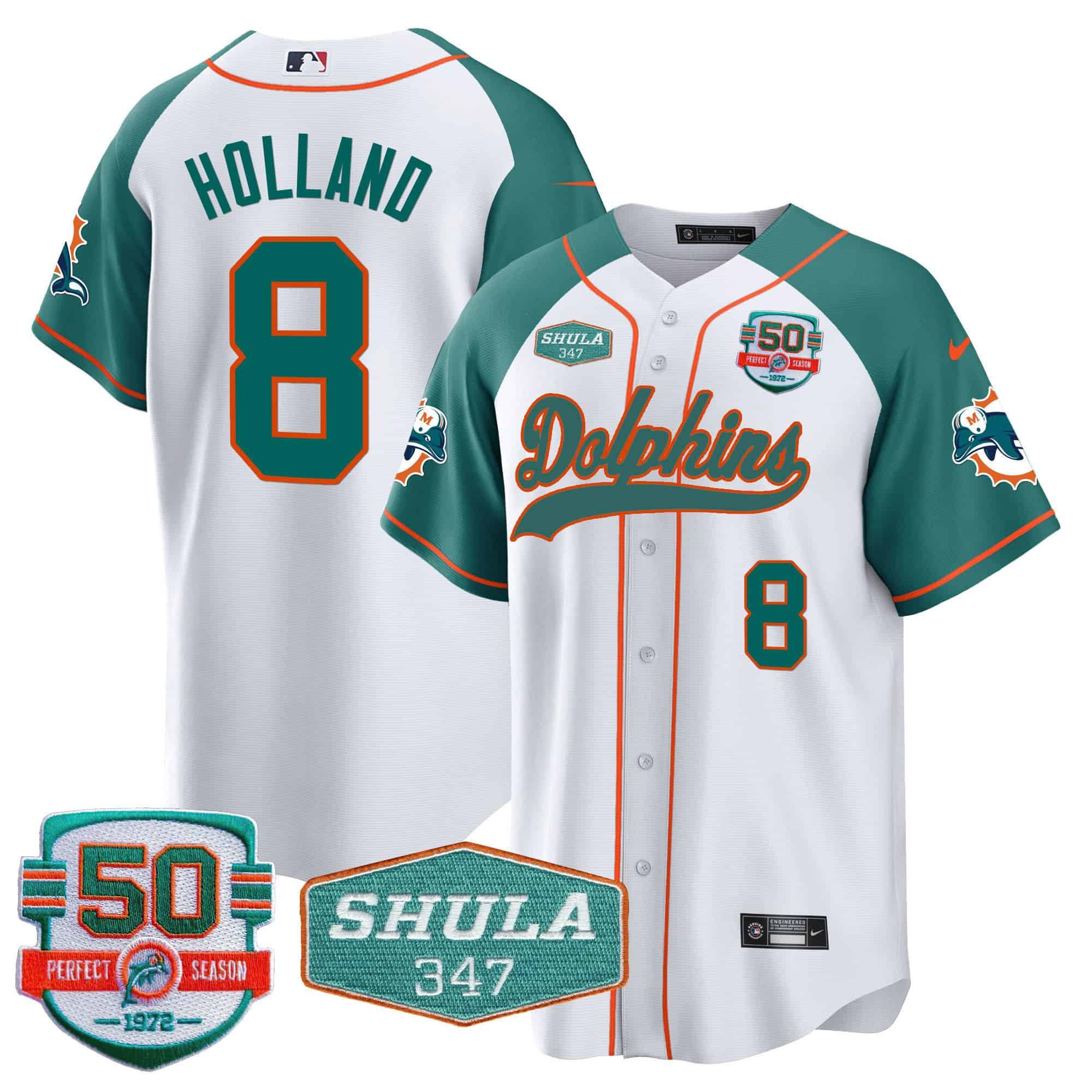 Men Miami Dolphins 8 Holland White 2024 Nike 50th Don Shula Memorial Patch Baseball NFL Jersey style 1